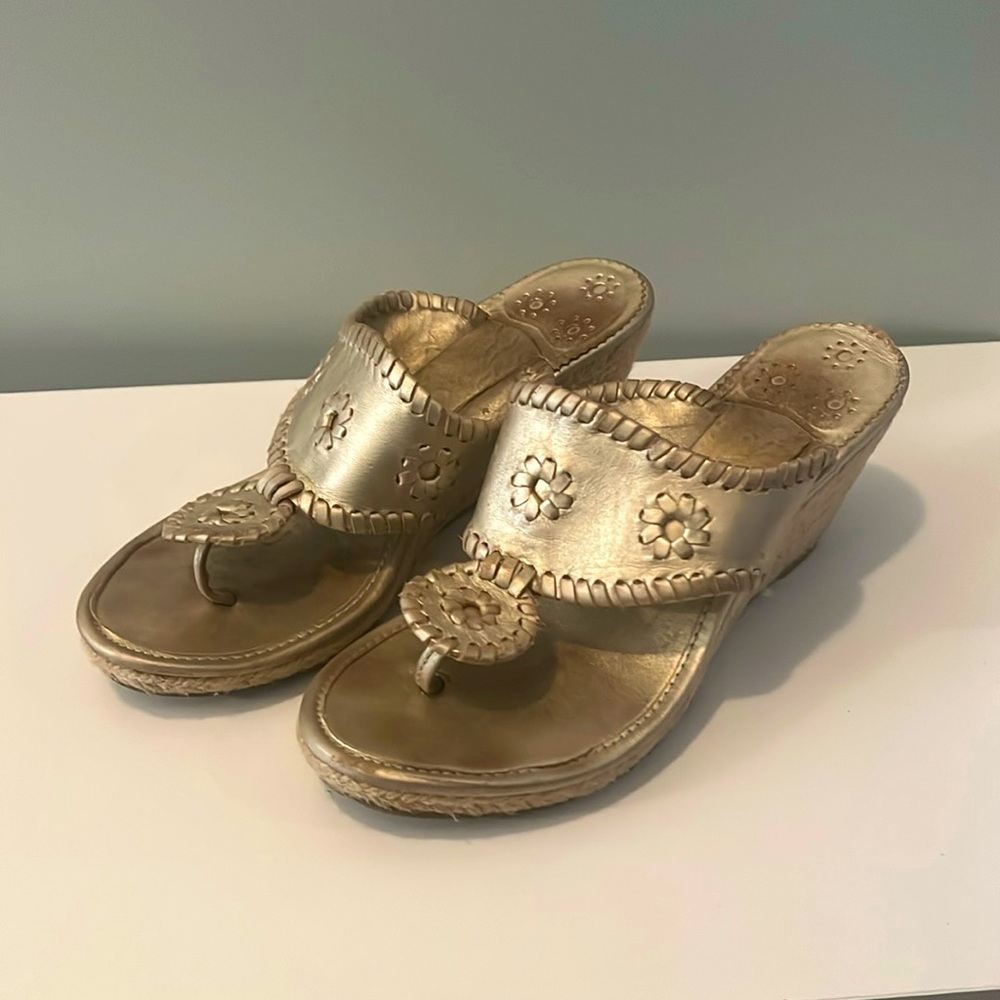 Platinum wedge-heeled Jack Rogers sandals